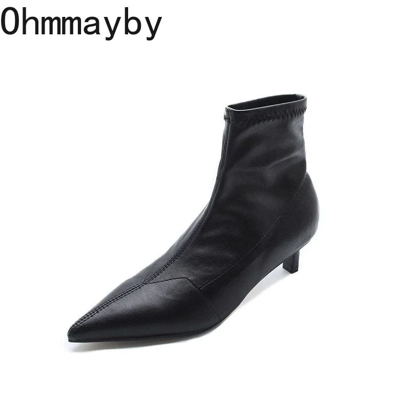 Pointed Toe Women Elastic Short Boots Fashion Slip On Slim Ankle Booties Thin Low Heel Autumn Winter Ladies Shoes