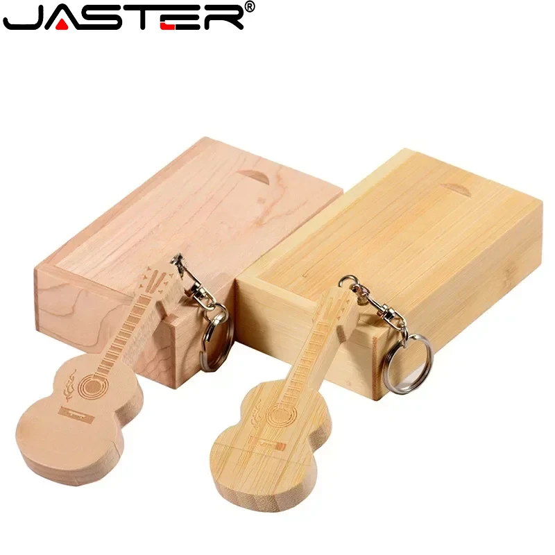 Jaster-木製ボックス付きギターフラッシュドライブ,無料のキーリング付きペンドライブ,メモリスティック,USB 2.0,かわいいギフト,クリエイティブ,128GB, 64GB, 32GB