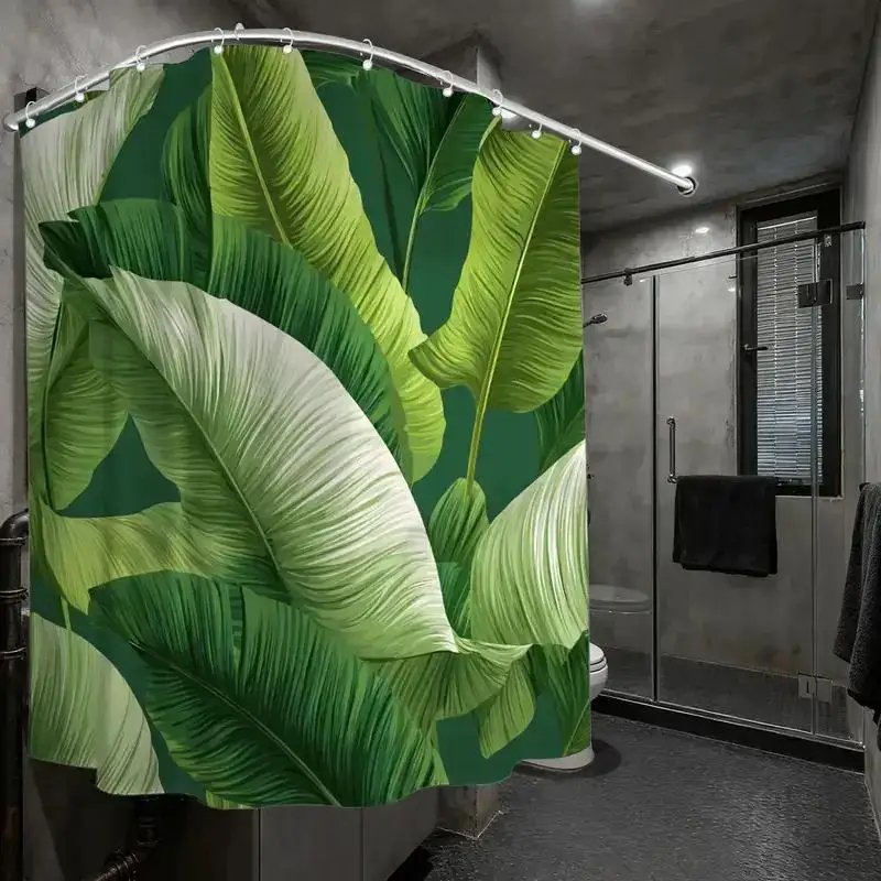 

Занавеска для душа с принтом банановых листьев – большой принт тропической листвы на темно-зеленом фоне, 12 крючков, 70,87×70,87 дюймов, водонепроницаемый декор для ванной комнаты