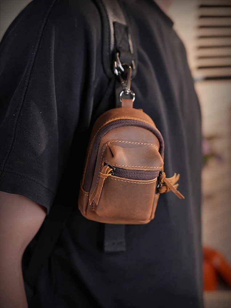 Vintage Crazy Horse Leather Car Key Bag Mini Small Bag Earphone Genuine Leather Coin Pendant New Style