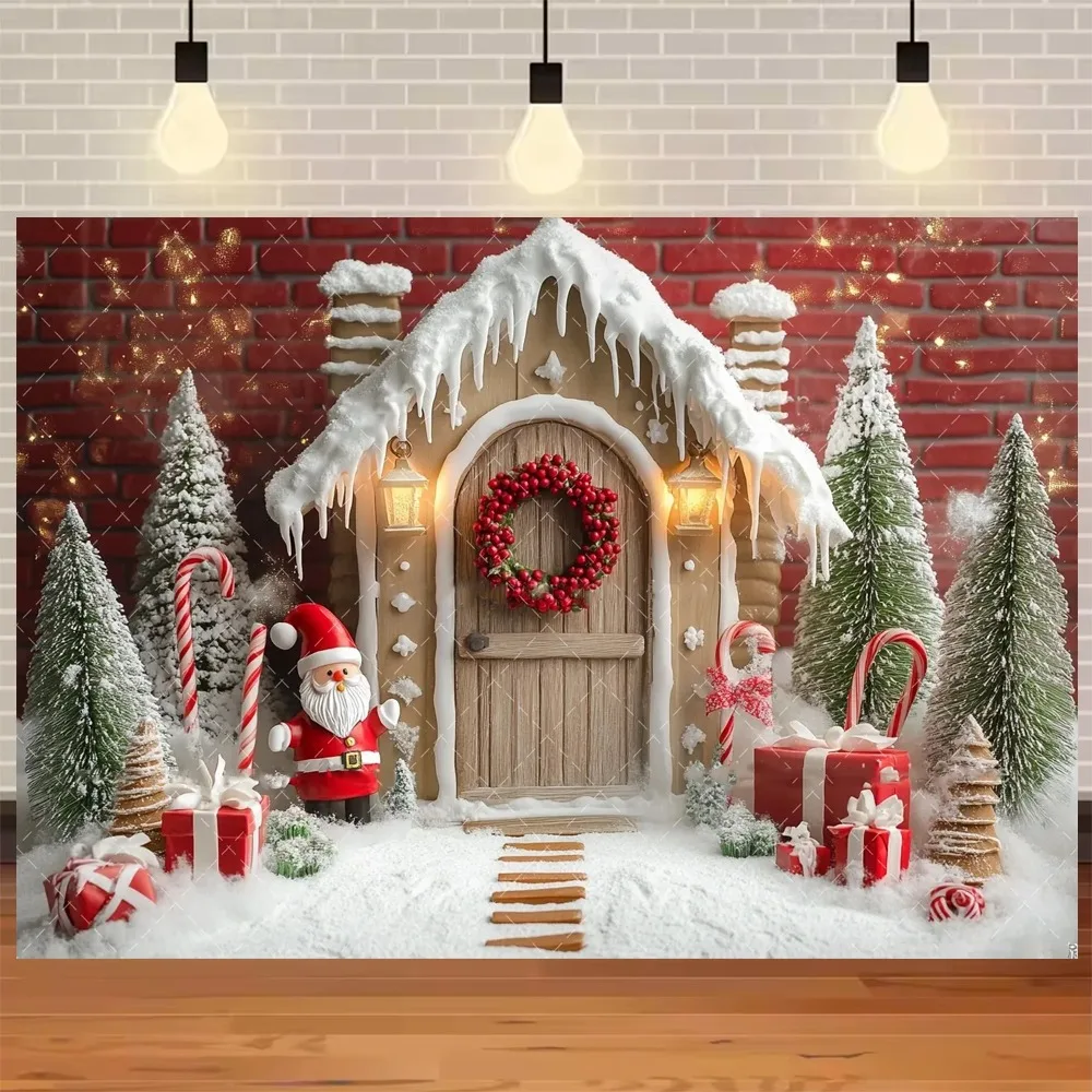 

Christmas Party Backdrop Wooden House Winter Xmas Tree Gift Decoration Banner Family Kids Portrait Photography Background