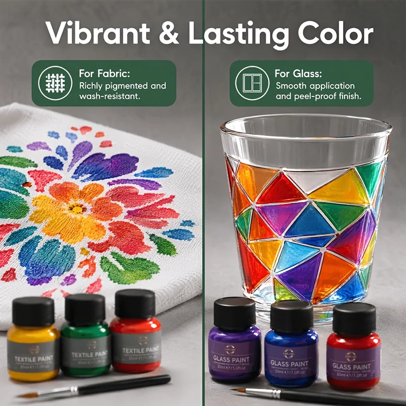 6 Color 30ml/1.01oz Hand Painting Paint Kit. Fabric Paint & Glass Paint. Each Kit Contains 6 Paint Bottles & 1 Outlining Brush. High Color Saturation  Strong Adhesion for Hand Painting on Fabric、 Glass. For DIY Crafters & Art Lovers.