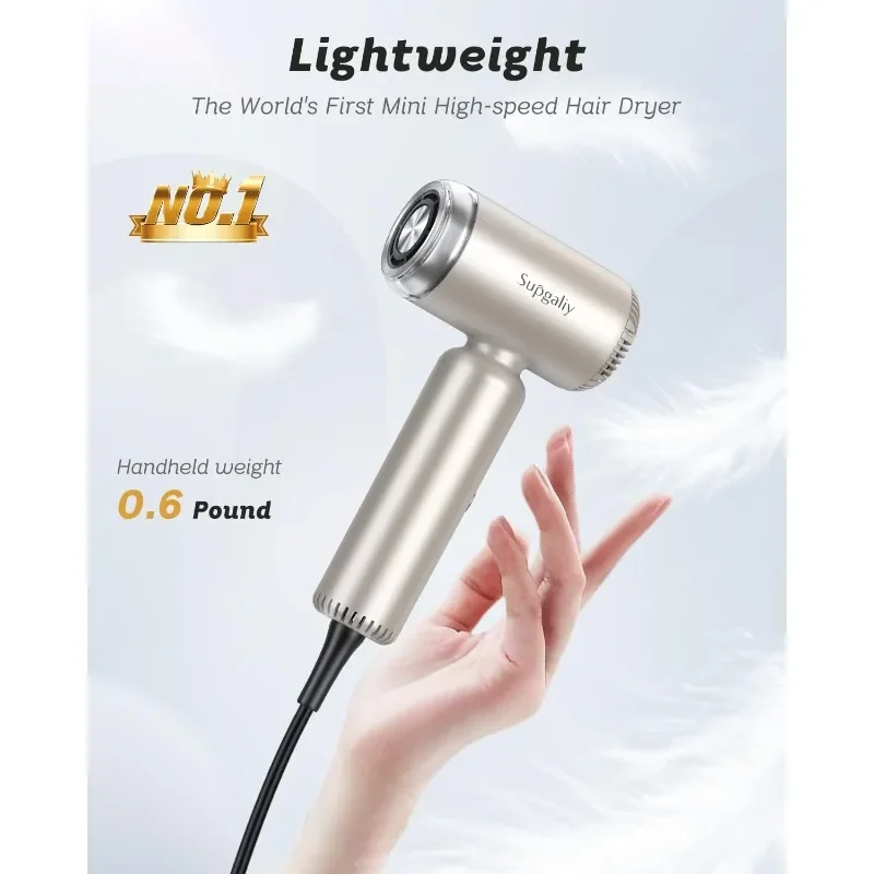 Super Lightweight Hairdryer, Potable High Speed Unique Brushless Motor for Fast Drying, Quiet Mini Ionic Blow Dryer for Travel