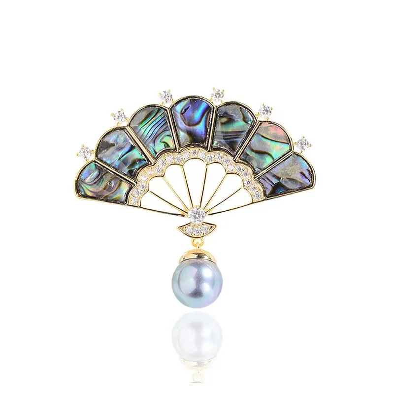 Elegant color Abalone shell pearl fan brooch micro zirconium high-grade Chinese style style shawls cheongsam pin female