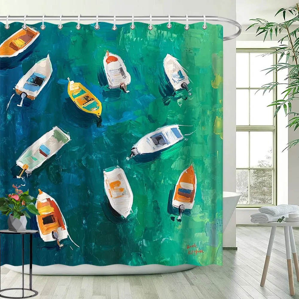 

1pc Boat Scenery Shower Curtain Bathtub Partition Hanging Cloth Curtain Bathroom Decoration Polyester Fabric Contains 12 Hooks