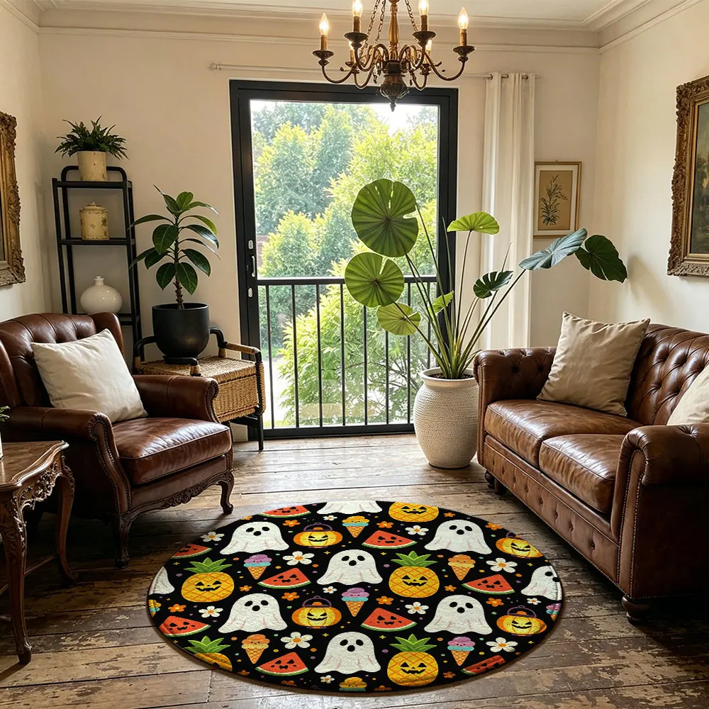 Halloween Round Floor Mat Non-Slip Washable Ghost Pineapple Pumpkin Pattern Rug for Home Party Decor