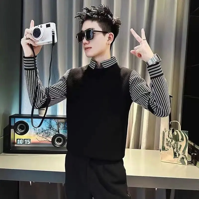 Men's Fake Two Piece Striped Knit Polo Sweater Autumn Winter Long Sleeve Collar Pullover Casual Warm Tops