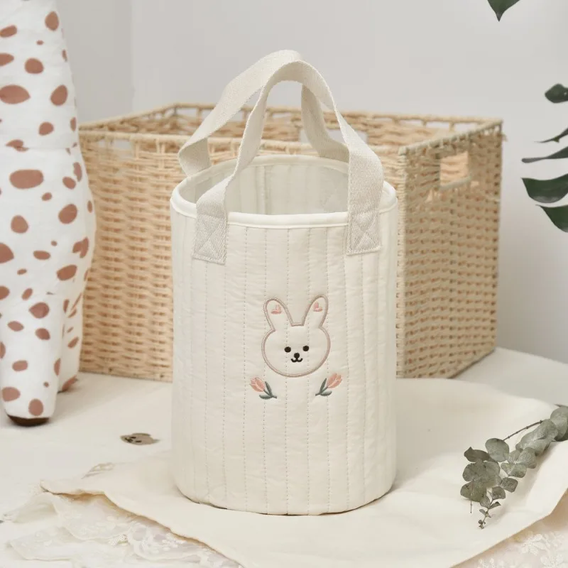 

ins Beige cotton embroidered mommy bag baby bottle bag diaper bag portable bucket bag cart storage bag