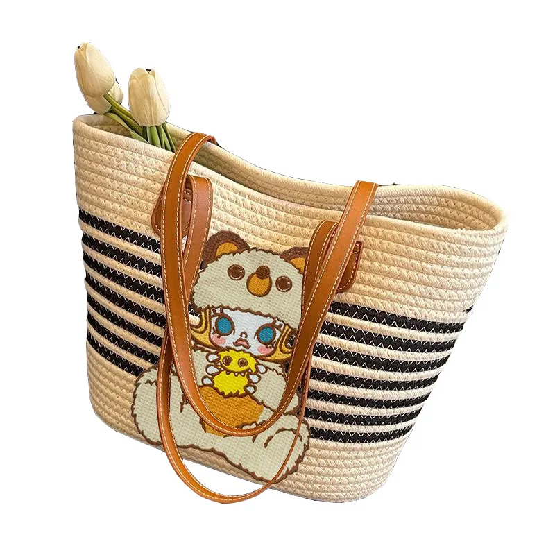 Knitted Handbag Women'S New Original Kitty Grass Woven Shoulder Bag Cartoon Embroidery Large Capacity Countryside Style Handbag