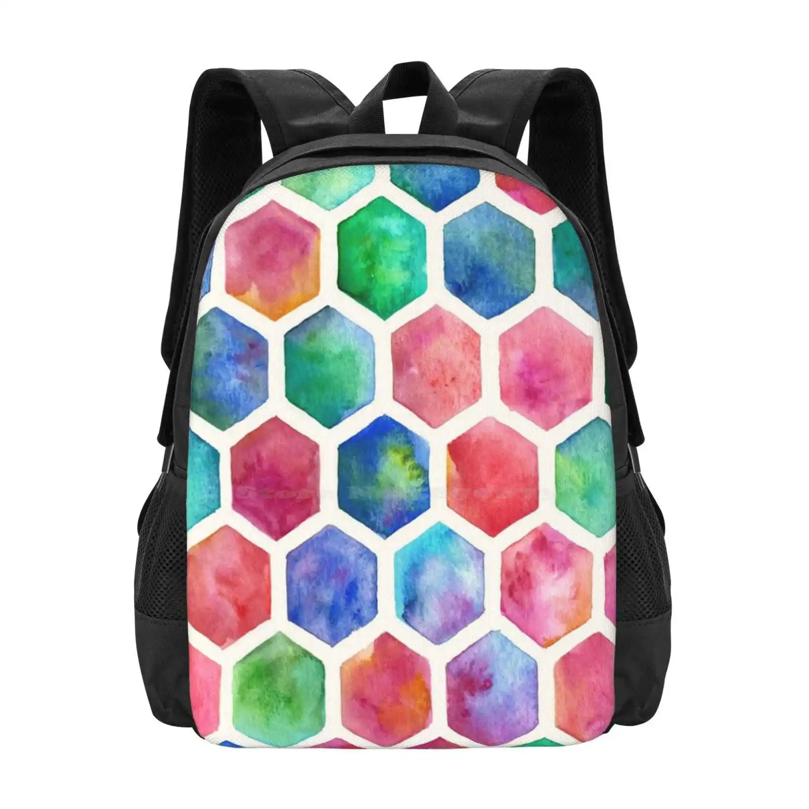 

Hand Painted Watercolor Honeycomb Pattern Hot Sale Schoolbag Backpack Fashion Bags Honeycomb Pattern Hexagon Watercolor