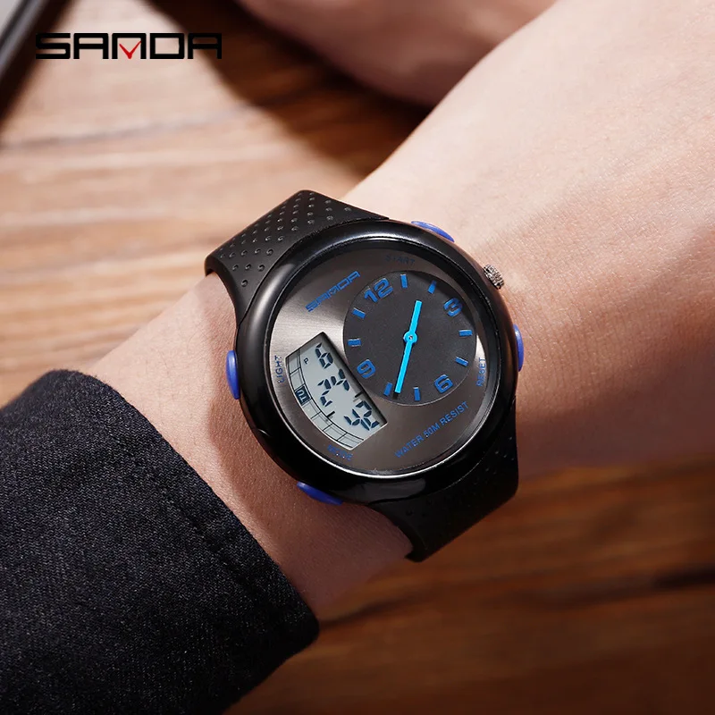 Sanda Dual Display Electronic Watch Japanese Movement 50m Waterproof Night Light Anti Drop Multi functional Sports Watch for Men