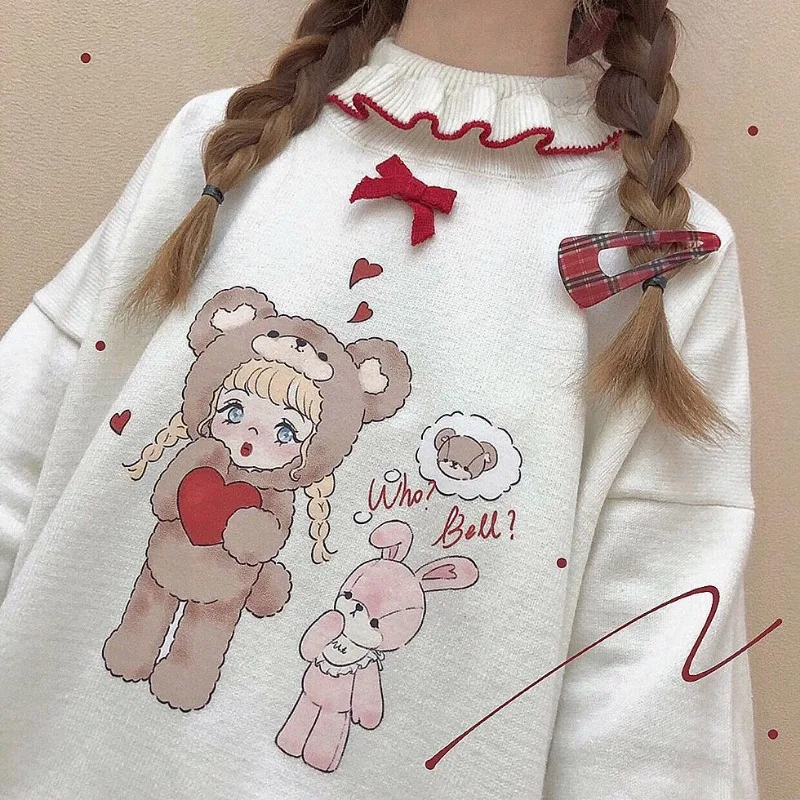 Kawaii Sweet Lolita Style Knitted Pullover Autumn Winter Women Cute Cartoon Rabbit Bow Sweater Y2k Aesthetic Knitwear Jumper Top