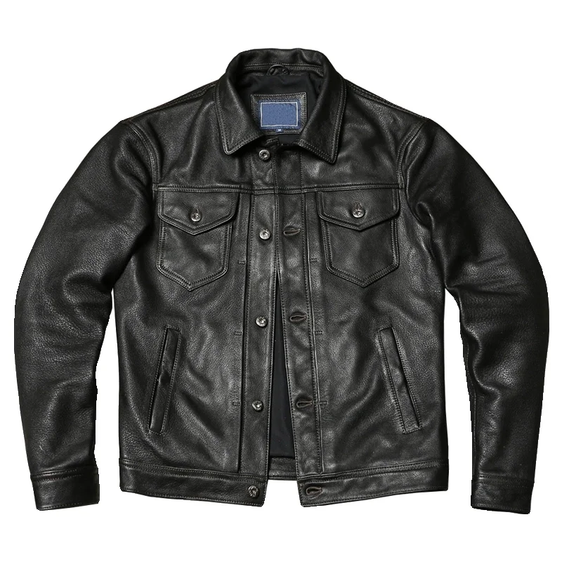 

Black Spring Leather Jacket Men Double Pockets Plus Size 4XL Genuine Natural Sheepskin Single Breasted Leather Coat