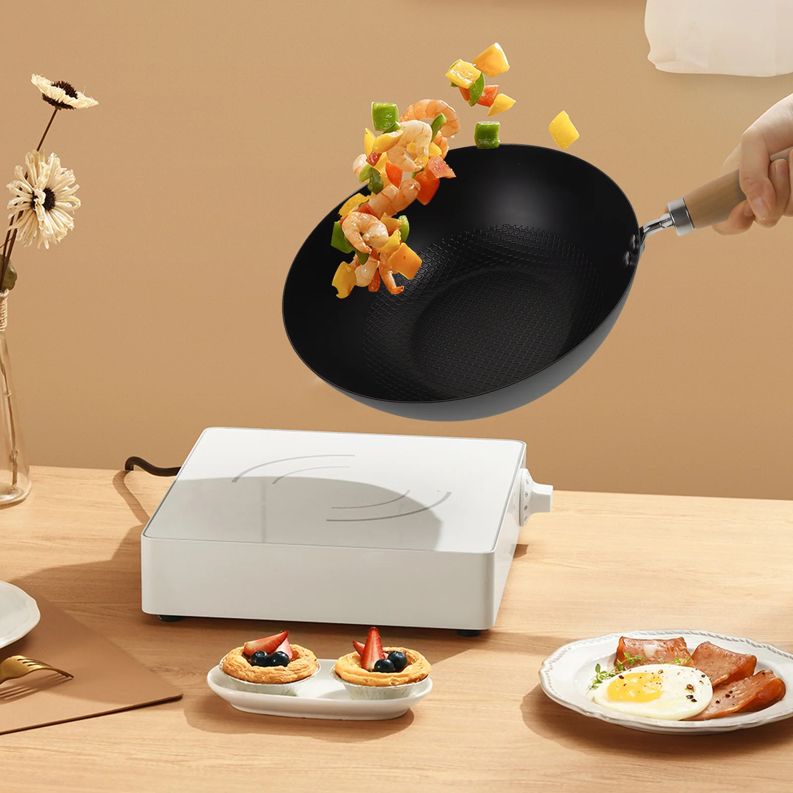 

1pc Small Iron Wok Pan For Gas Stove Chinese Cooking Wok Kitchen Frying Pan Home Use Round Bottom Stir Fry Cookware