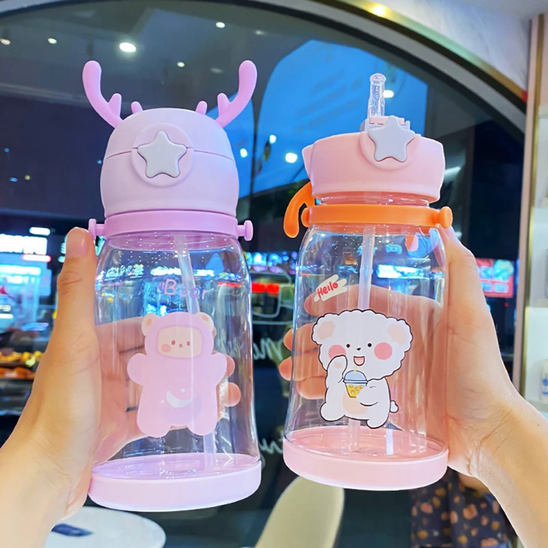 Cartoon Antlers Water Bottle For Kids Sippy Cups Water Bottle With Straw Baby Water Feeding Cups Portable Leakproof Water Bottle