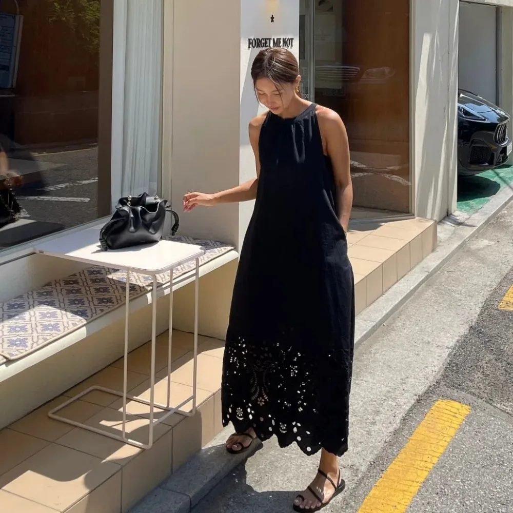 100% puro cotone vintage lungo vestito dal carro armato delle donne di estate halter pizzo orlo cavo senza maniche allentato a-line vestito estivo femminile 2025