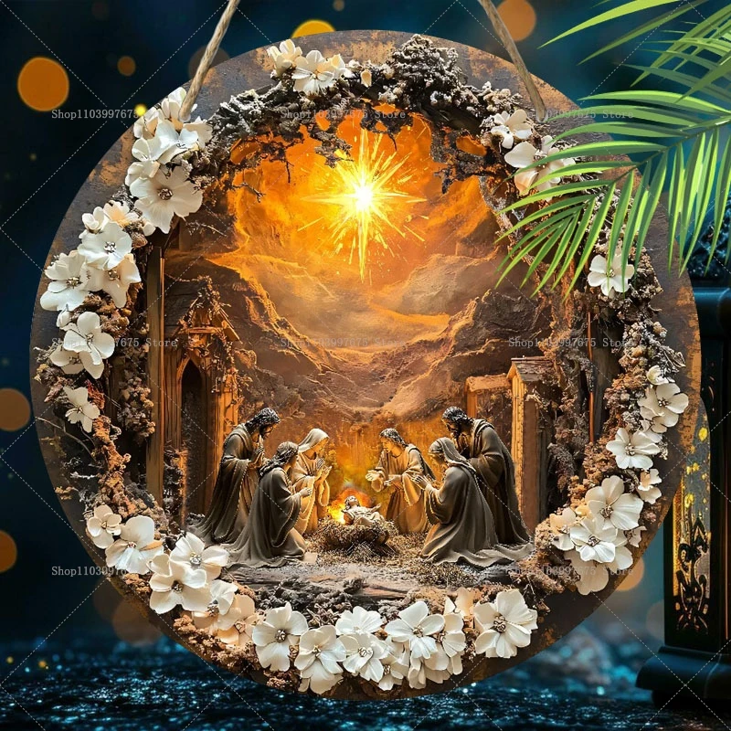 Nativity Scene Wooden Sign Guard Jesus Christmas Wreath Round Sign for Church Door Wall Hanging Decor Ideal Gift for Christian