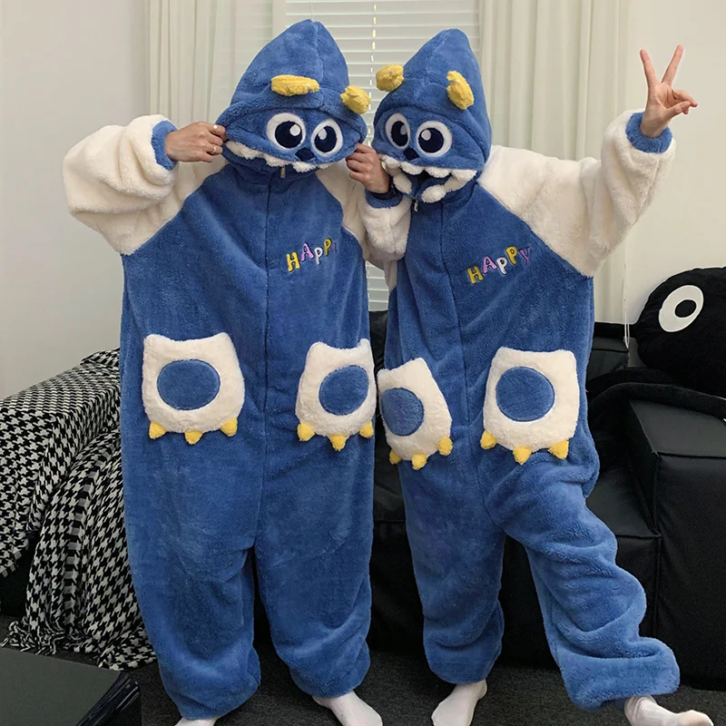 Anime Couples Pajamas Jumpsuits Women Men Cartoon Monsters Hooded Korean Pyjamas Winter Thicken Warm Sleepwear Lovers Zipper