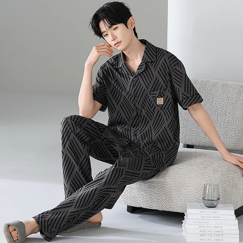 

New 100% Cotton Men Short Sleeve Pajamas Set Male Turn-down Collar Sleepwear
