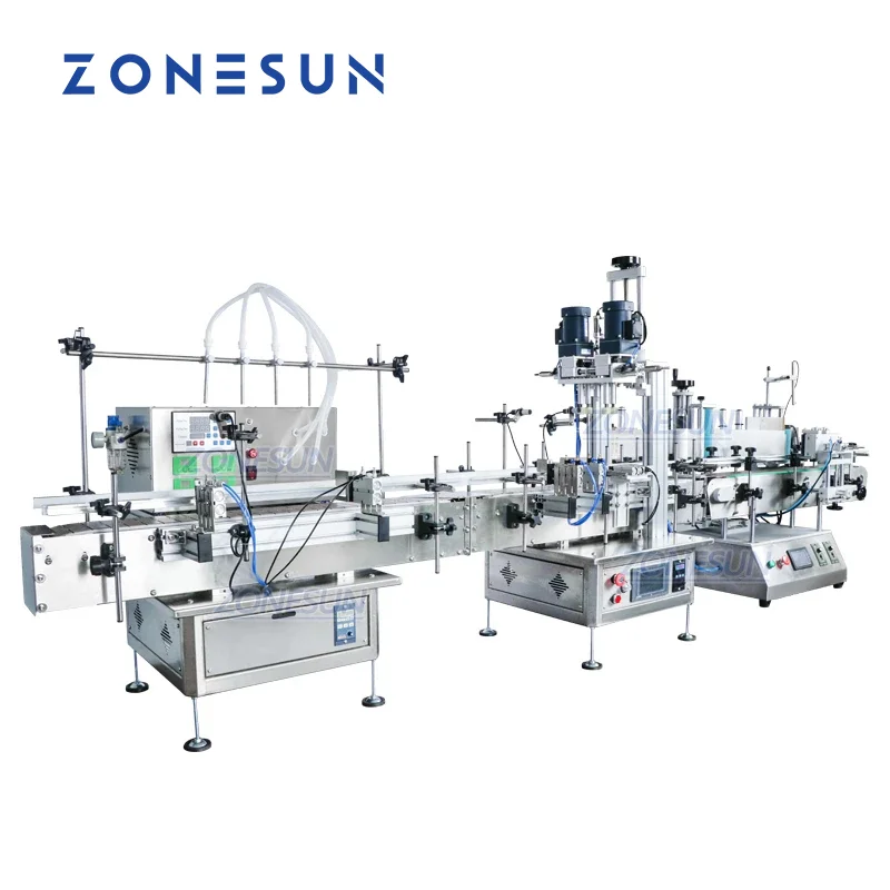 ZONESUN Desktop Automatic Liquid Diaphragm pump Filling Capping And Positioning Plastic Glass Round Bottle Labeling Machine Line