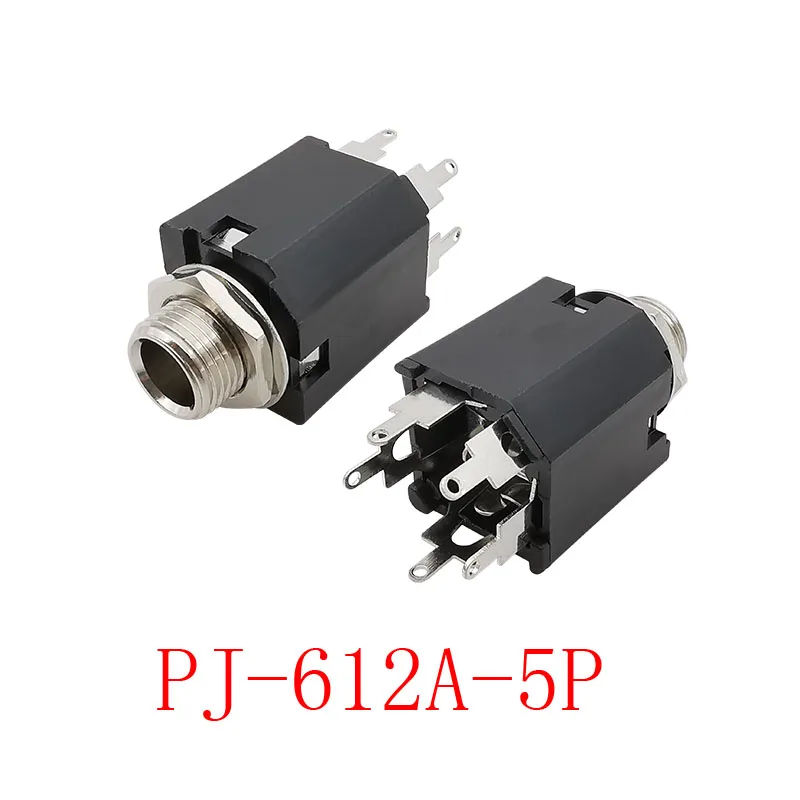 PJ-612A 6.35mm Female Jack 5 Pin Audio Connector 1/4 Inch Stereo Microphone Amplifier Headphone Socket Nut Panel Mount Black