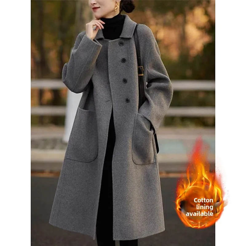 

Женское шерстяное пальто свободного покроя средней длины, большие размеры, осень-зима, новинка, модная утягивающая верхняя одежда с воротником...