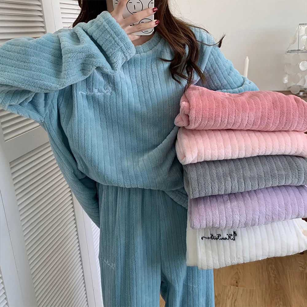 Autumn Winter Women Thicken Coral Fleece Pajamas Set Solid Warm 2 Piece Sets Pullover Pants Casual Long Sleeve Home Service Suit