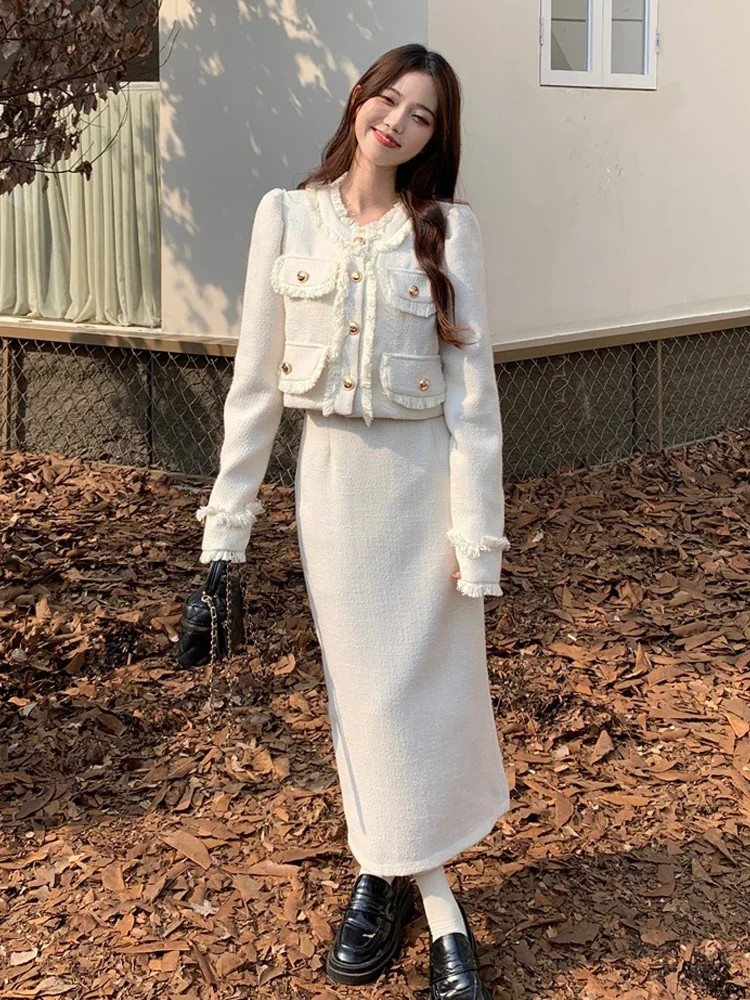 2023 Spring Casual Tow Piece Sets Women White Short Tweed Jacket + Fashion Korean Long Skirt Female Elegant Chic Slim Sweet Suit