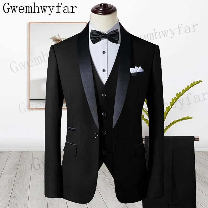 Gwenhwyfar Men Business Casual Wedding Party Three Pieces Jacket Trousers Waistcoat Set Male Blazer Coat Pants Vest Fashion Slim