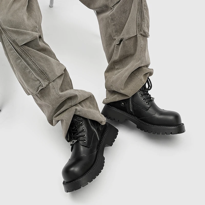 Men Autumn and Winter Big Head Height Increasing Motorcycle Boots Side Zipper Tie Up Anti Slip Simple Thick Sole Work Boots