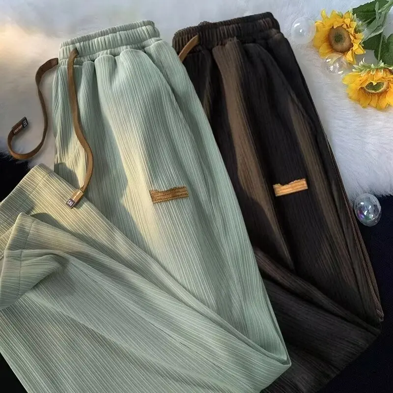 

Summer ice silk wide leg pants for men, loose and flowing, student trend casual pants, straight leg elastic pants, beach pants,