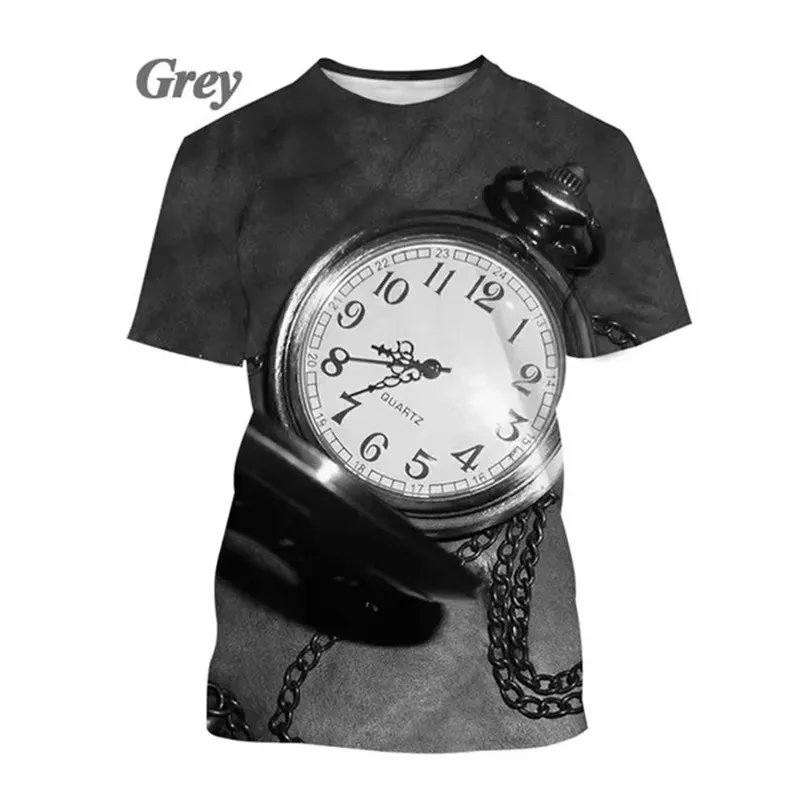 Men Pocket Watch T Shirt Vintage Clock Chain Graphic Short Sleeve Retro Casual Tee