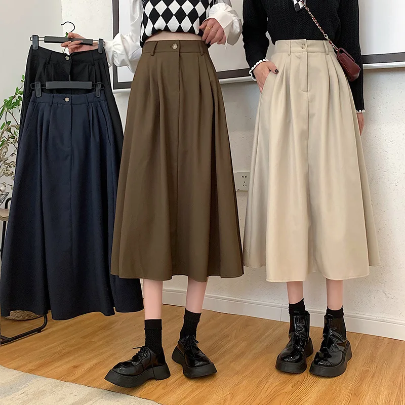 

High Waisted Button Midi Skirt Big Hem Retro Vintage Pleasted Solid Folds Long A-Line Skirt Women Autumn Dress With Pockets