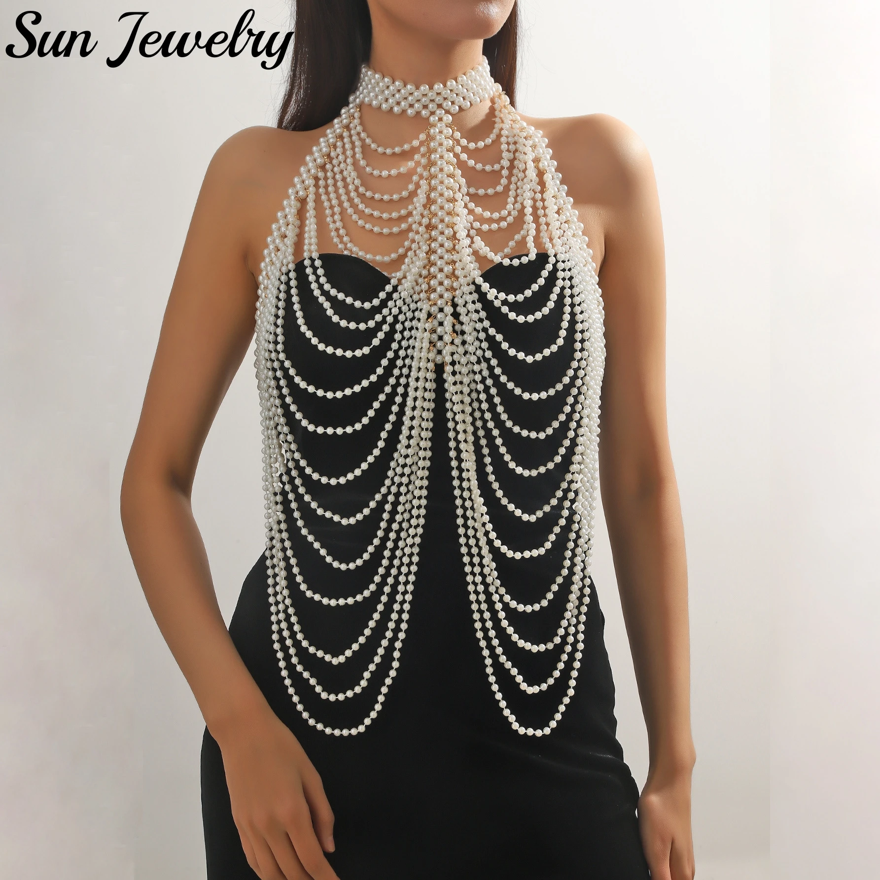 

Hollow Pearl Body Chain Hand Woven White Wave Fashion Imitation Pearl Shawl Chest Chain Tassel Multi Layered Body Chain Women