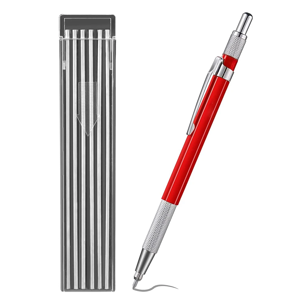 Lápis de soldador com 12 peças de recargas de raia prateada, marcador de metal, lápis de soldagem mecânica, fabricação, vermelho