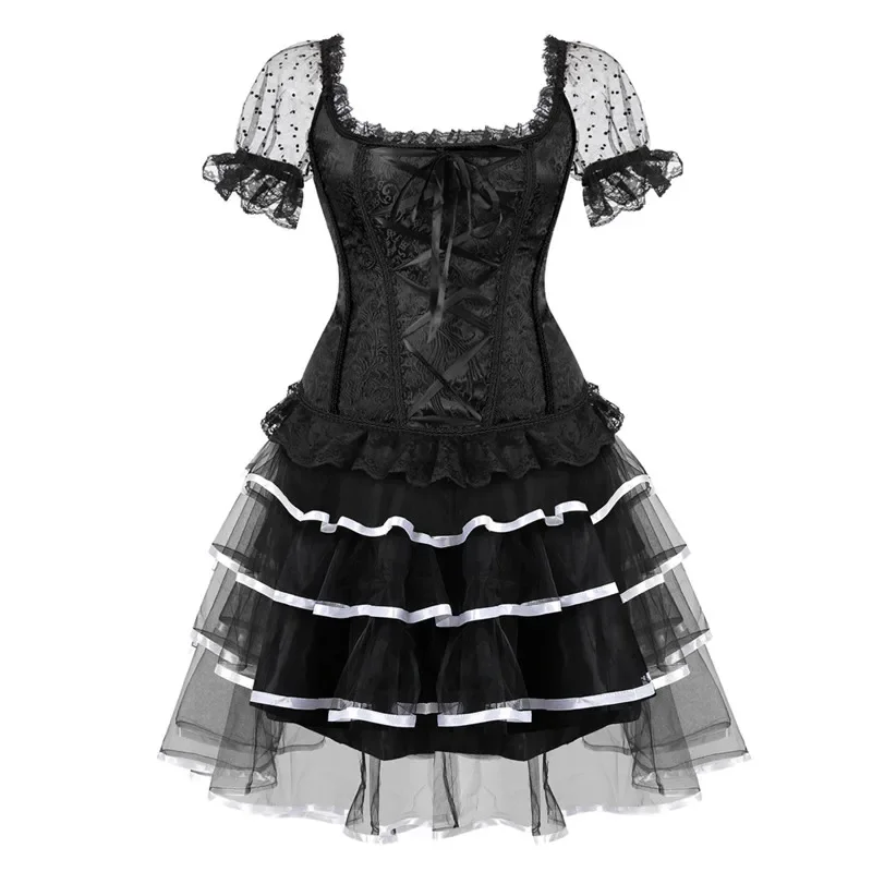 

Corsets and Bustiers Dess Skirts Women Plus Size Burlesque Gothic Lace up Short Sleeve Shoulder Straps Costume Floral Sexy Black