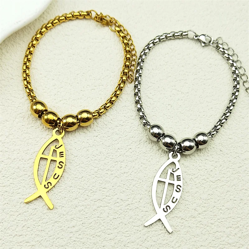 

Ichthys Jesus Fish Cross Christ God Pendant Bracelet for Women Men Stainless Steel Gold Color Christian Hand Chain Jewelry