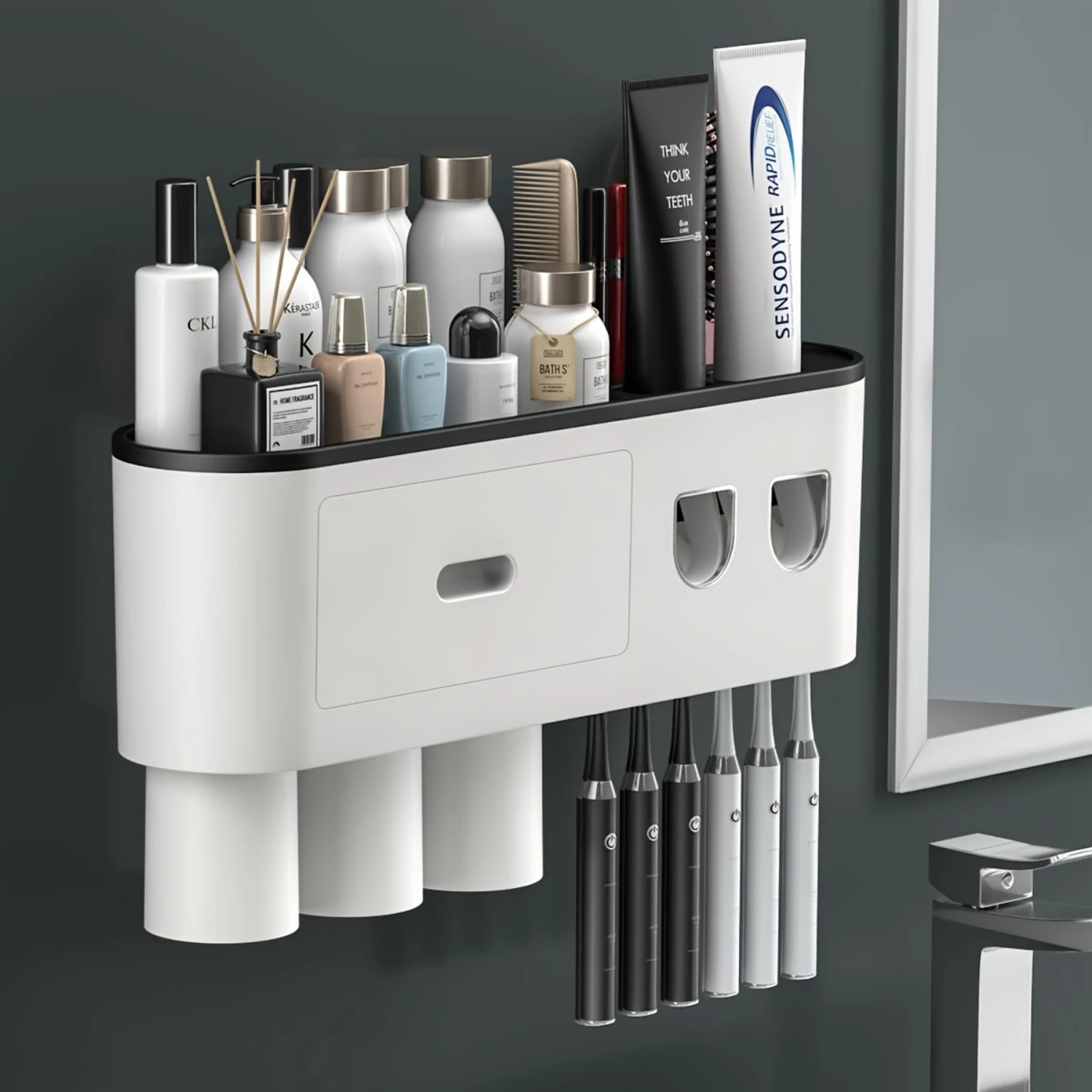 

Double Automatic Toothpaste Dispensers with Toothbrush Holder - Wall Mounted Organizer with 6 Slots, 2 Cups, Cosmetic Drawer