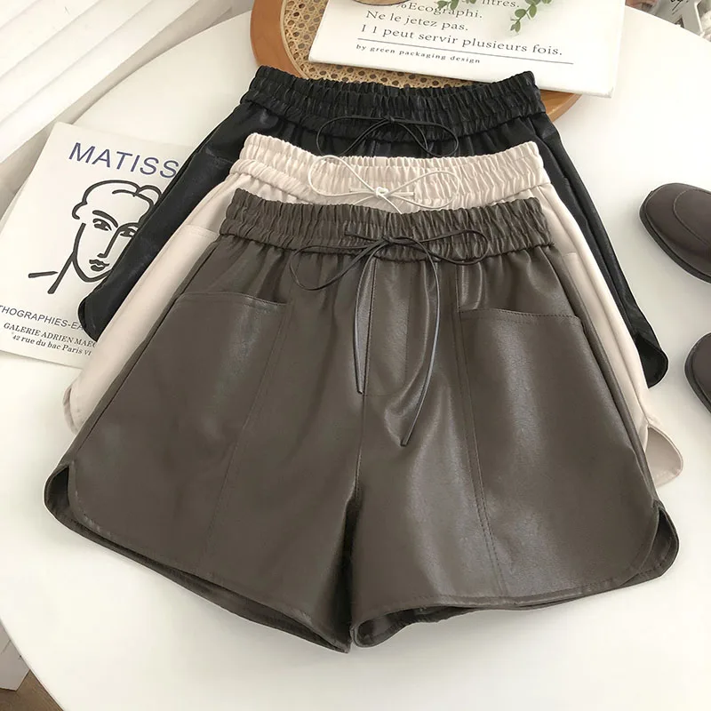 

ITOOLIN Women Punk Club PU leather Shorts Drawstring High Waist A-line Shorts Loose Nightclub Party Straight Trousers Autumn