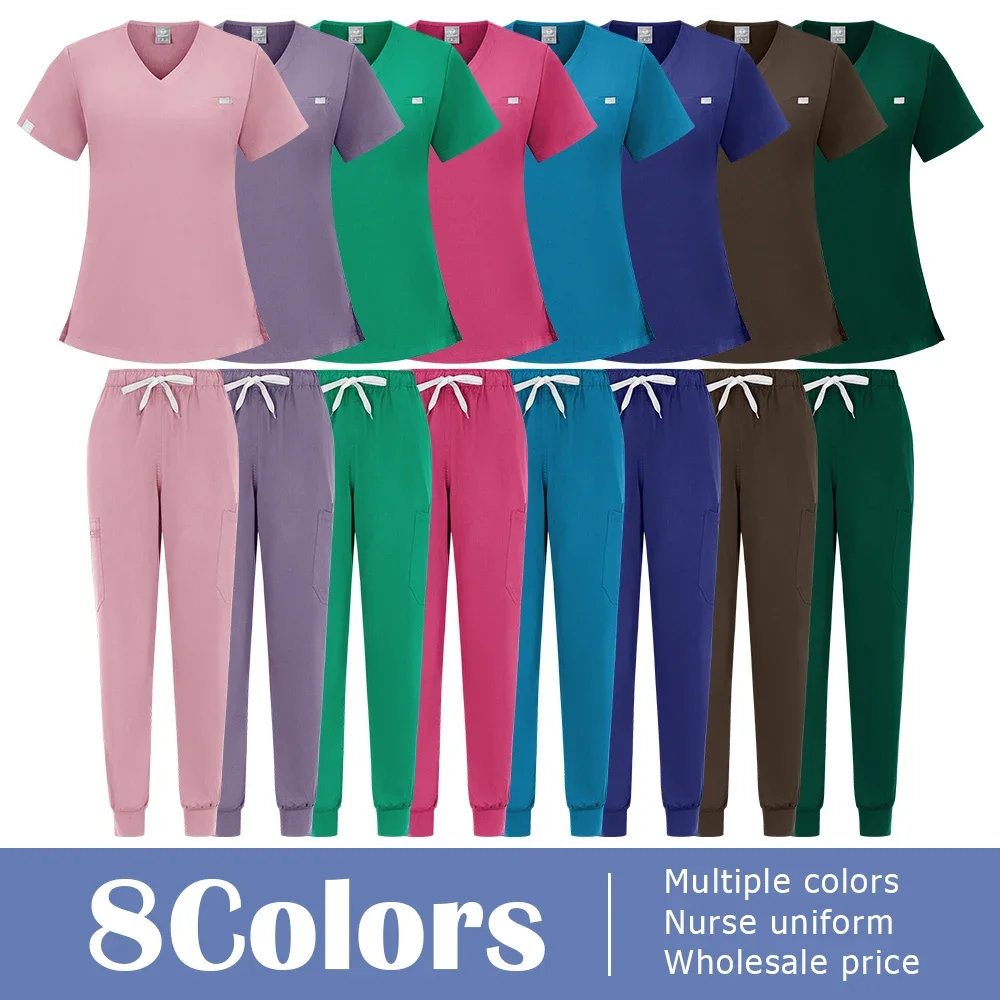 Solid color stretch fabric sleeve frosted suit top  pants Jogger Dental pharmacy lab operating room overalls medical uniforms