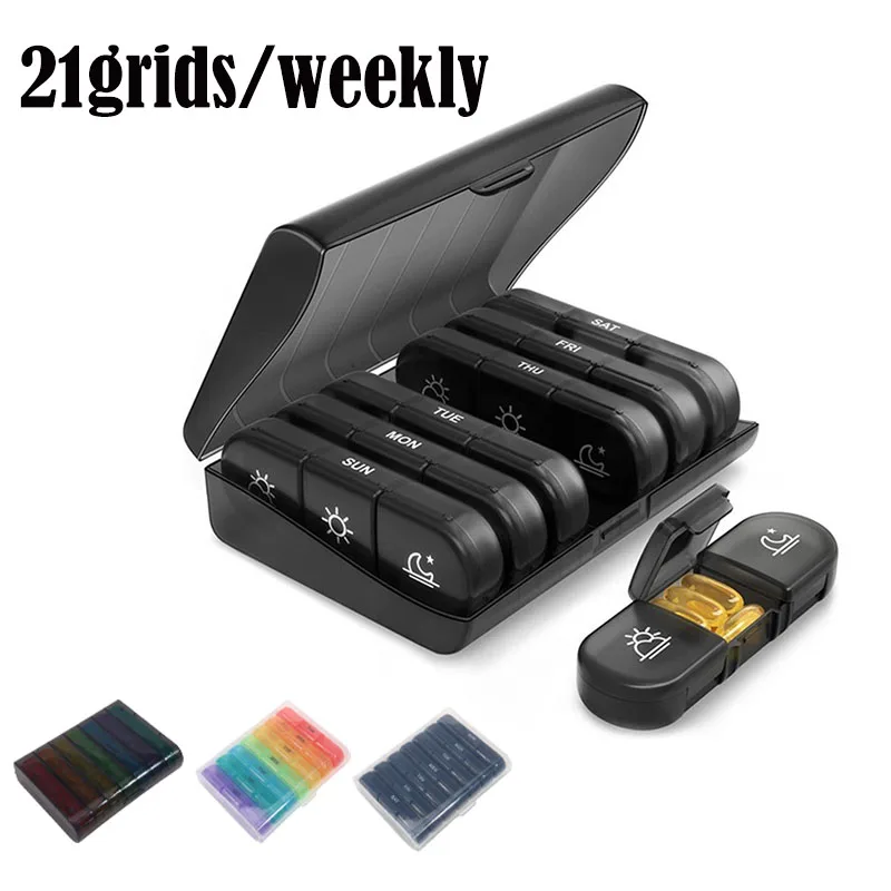 

1PC Weekly 21 Grids Pill Box Medicine Organizer Black Plastic Storage Box Container Portable Pill Case