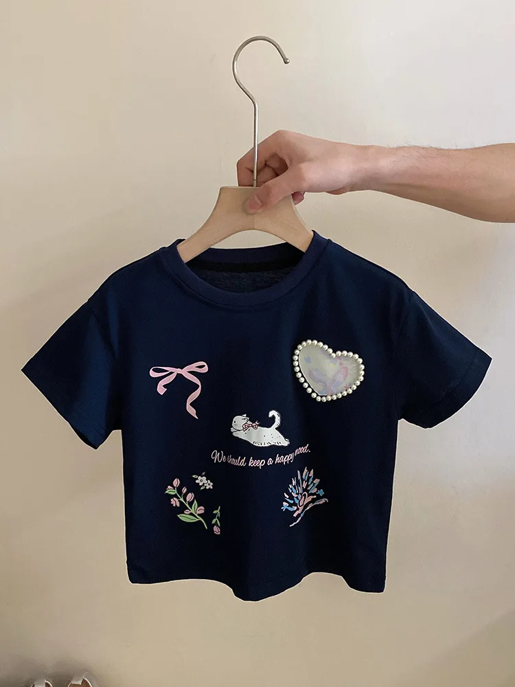 Falda de tartán con borde Irregular para niña pequeña, blusa y pantalones cortos de estilo occidental con perlas de amor de dibujos animados, SleeveTT-shirt24Summer