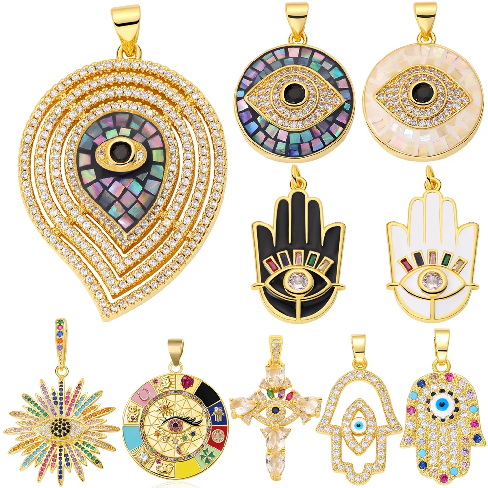 Juya 18K Real Gold Plated Handmade Cubic Zircon Colorful Opal Shell Turkish Greek Evil Eye Charms For DIY Pendant Jewelry Making