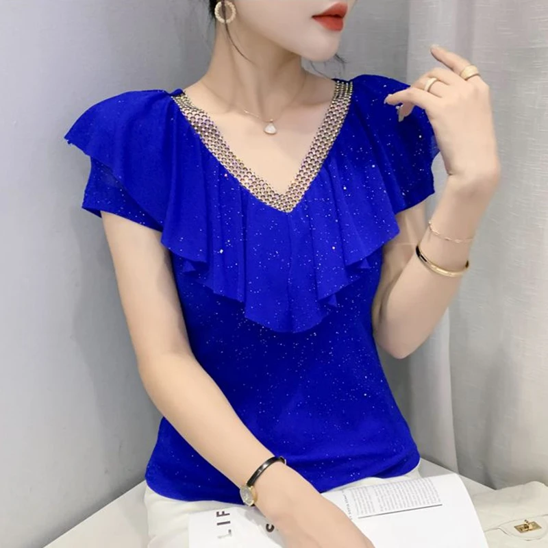 Casual Summer Sequined T Shirt Women Short Sleeve Tshirt Ruffles Y2k Clothes Slim Oversized Diamonds Ladies Red Tops Streetwear