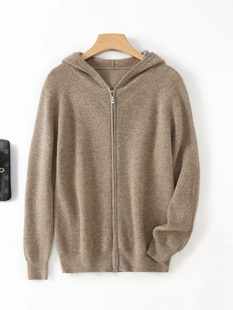 جديد 100% ميرينو رداء علوي من الصوف للرجال هوديي سترة متماسكة سميكة سستة الخريف الشتاء معطف الكشمير كم طويل بلون علوي