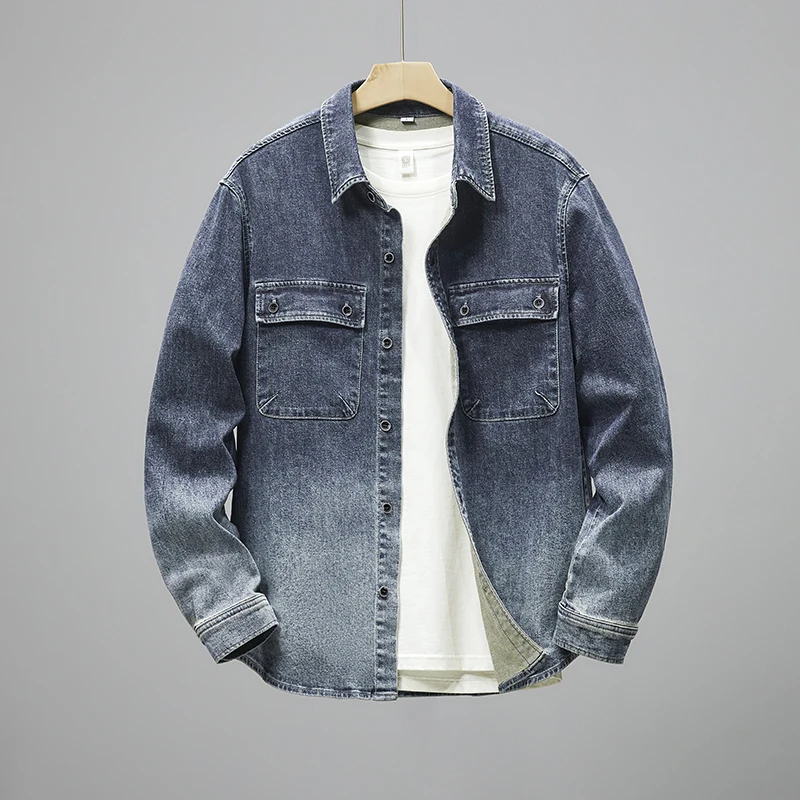 Korean version of the fashion washed gradient denim shirt men's high quality street Harajuku casual jacket men's models