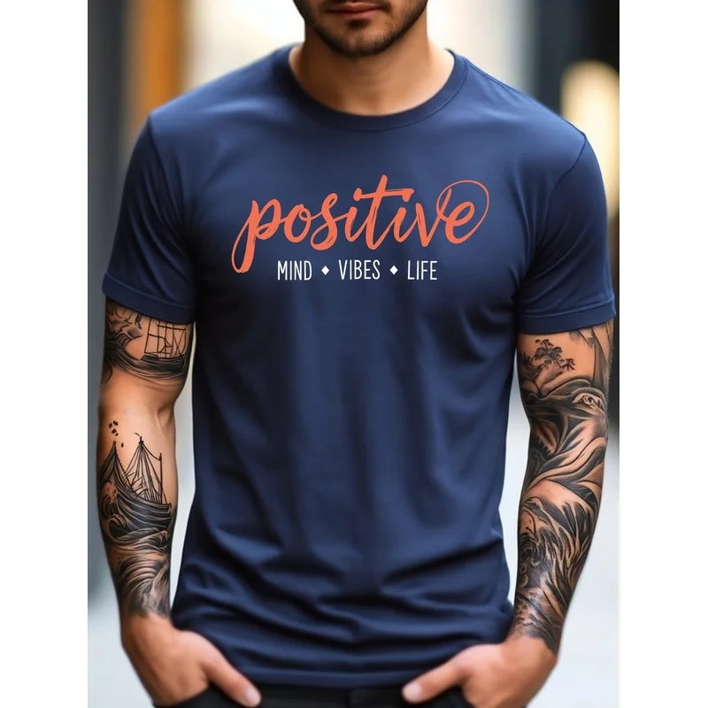 Men's T-shirt, Fun 'Positive Mind Vibes Life Printed T-shirt, Men's Short Sleeve T-shirt, Regular Casual Daily Men's Top, Men's