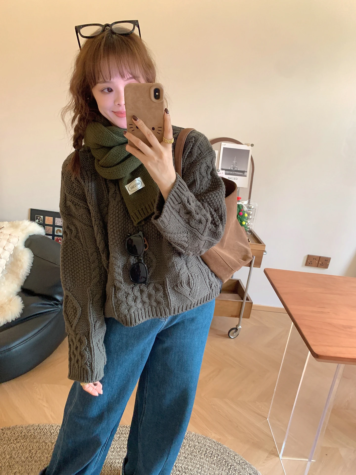 

Корейский свитер крупной вязки с круглым вырезом, пуловер Aosphere Sense из крученой шерсти, с длинными рукавами, женский повседневный дышащий топ