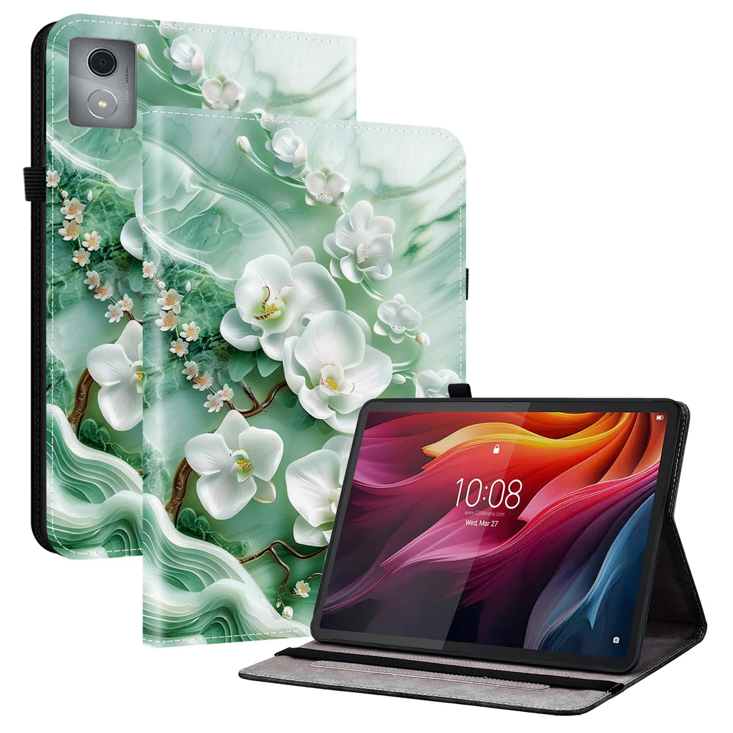 For Lenovo Tab K11 Plus  /  M11 Plus Leather Case Pattern Printed Stand Tablet Cover with Card Slots - Jade Flower