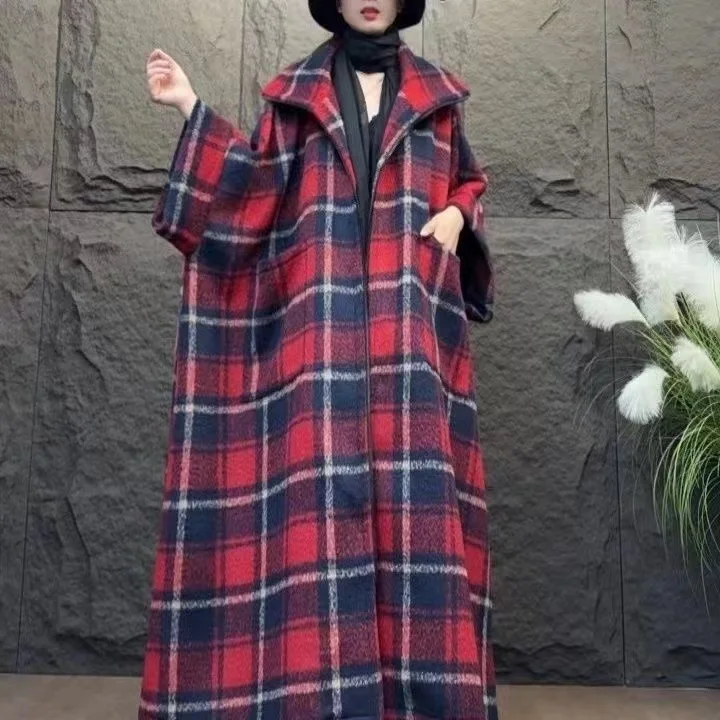 Vefadisa 2024 Autumn Winter New Red Plaid Women Wool Coat Lapel Batwing Sleeve Personality Fashion All-match Long Coat ZXY1018A